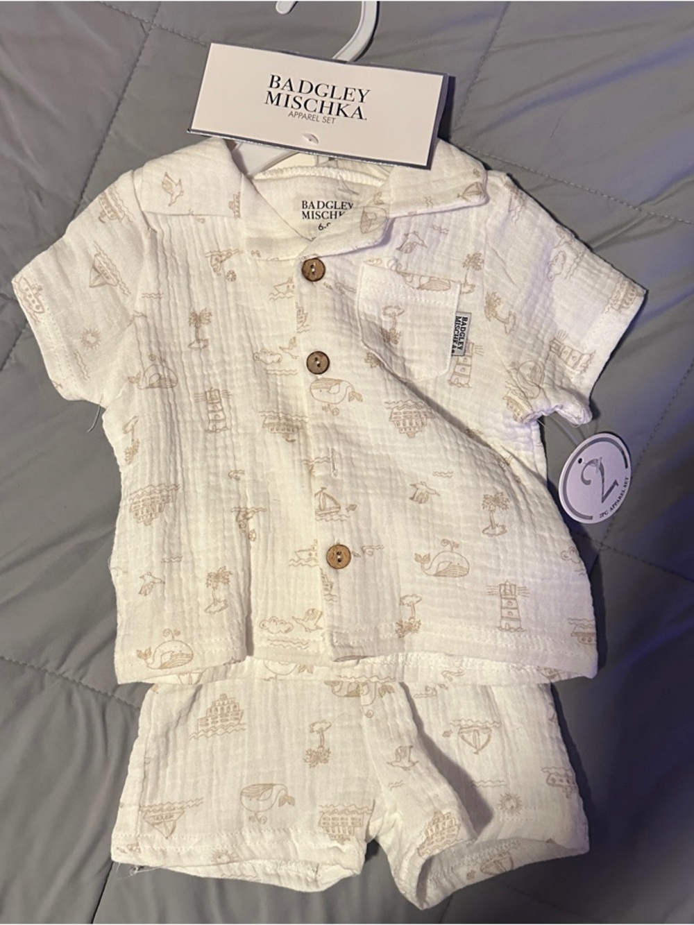 Badgley Mischka Cream Baby Two-Piece Outfit with Tan Novelty Print